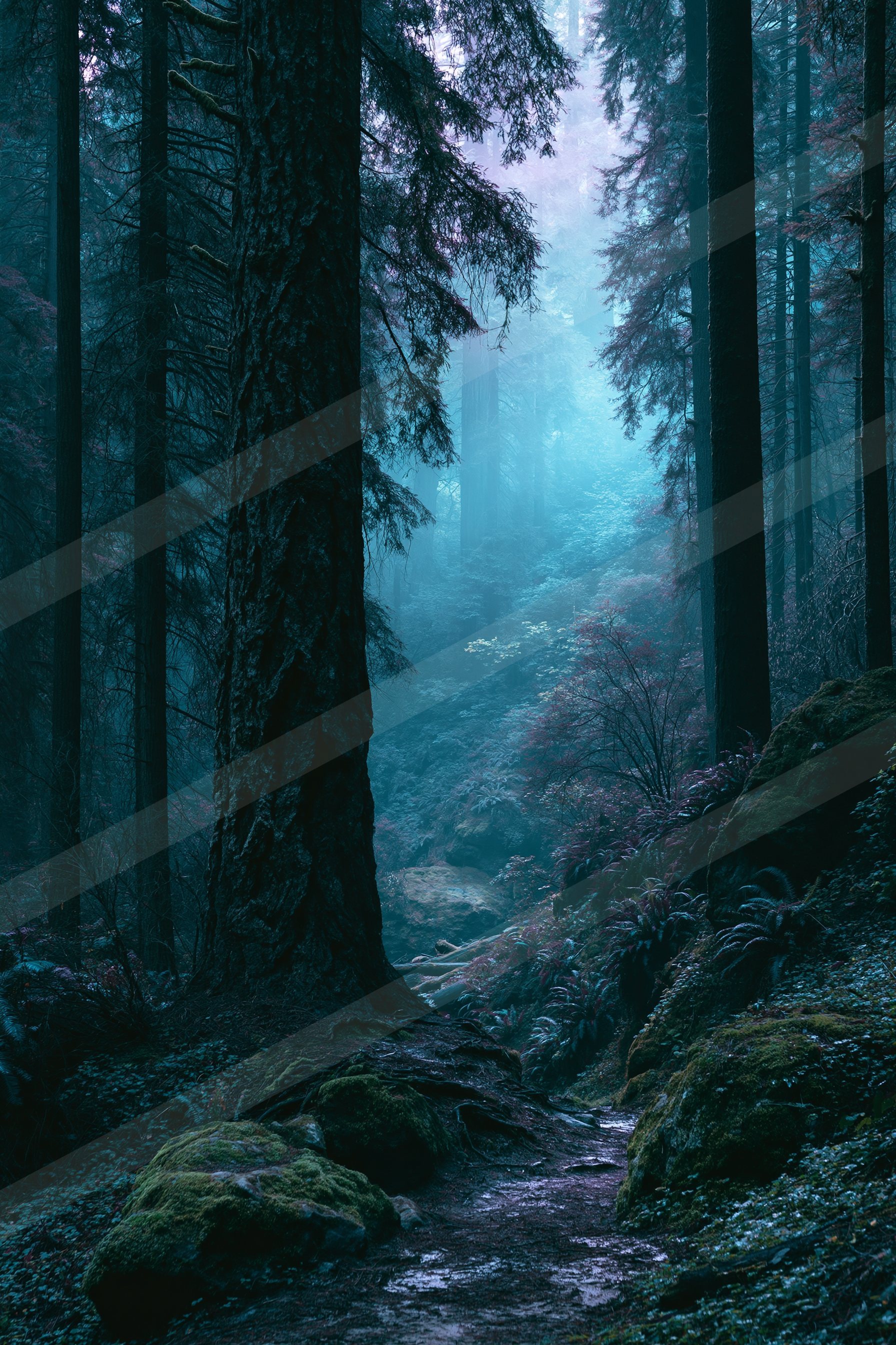 An ethereal nature scene of a forest, fog.