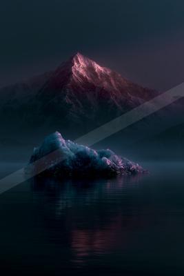 A large blue iceberg floats in calm dark water, reflecting pink and purple light, with a massive snow-covered mountain peak glowing in the background under a da