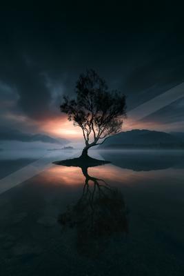 A serene water scene of lake, trees.