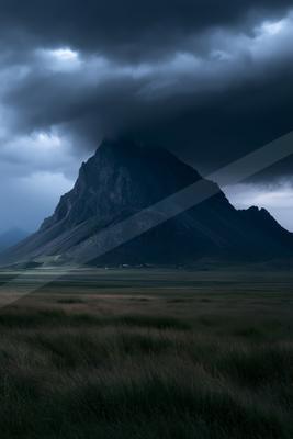 A rugged mountain peak rises into dark, heavy storm clouds above a vast grassy plain in a moody, atmospheric landscape.