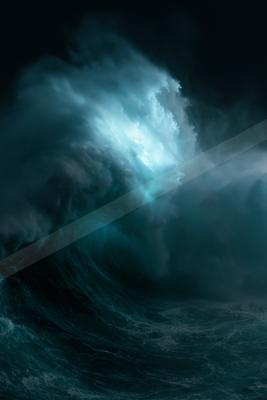 A massive ocean wave curls with a bright turquoise glow against a dark stormy sea at night.