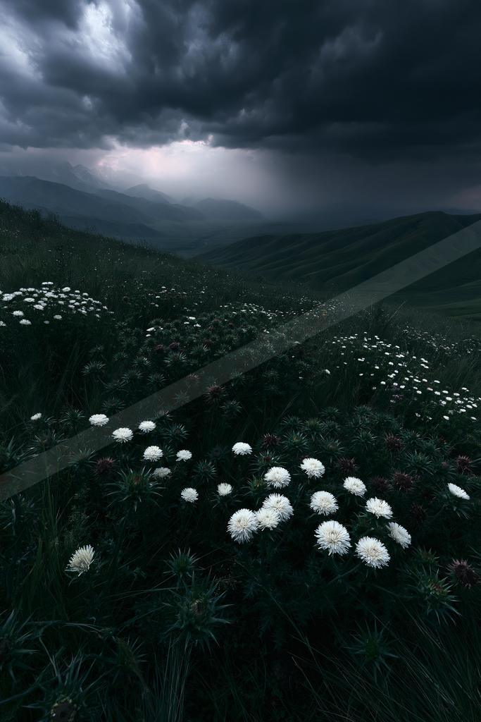 A dramatic sky scene of storm, flowers, field.