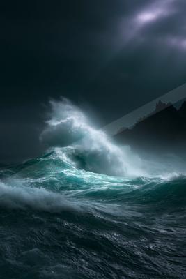 A dramatic water scene of ocean, storm.