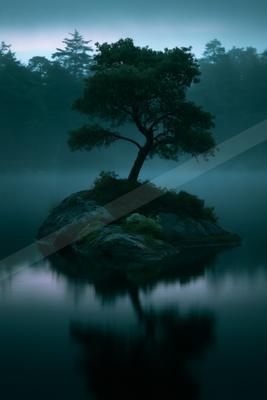 A serene water scene of lake, trees, fog.