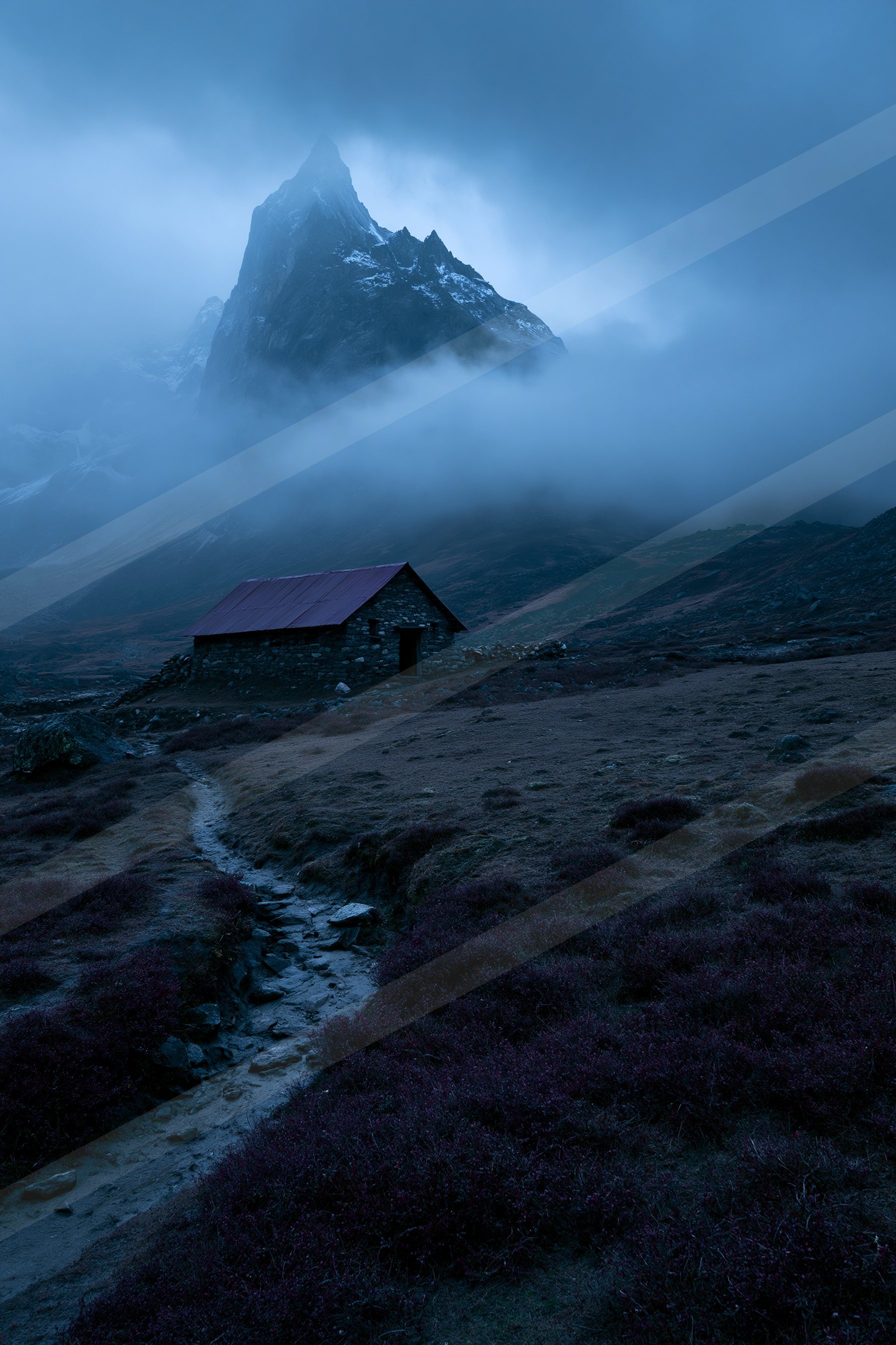 A mysterious landscape of a mountains, fog.