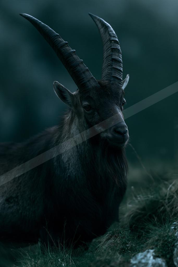 A dark-furred alpine ibex with prominent ridged horns sits in a misty mountain environment, gazing toward the right with a calm expression.