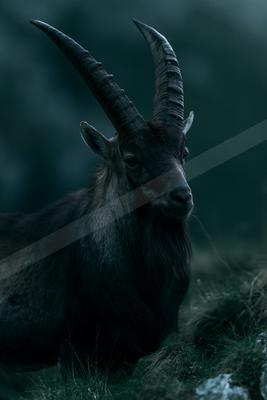 A dark-furred alpine ibex with prominent ridged horns sits in a misty mountain environment, gazing toward the right with a calm expression.