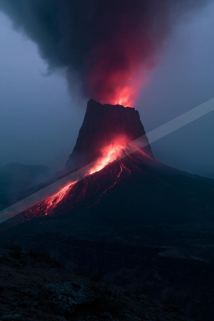 A powerful volcanic eruption at night, with bright red molten lava flowing down the mountain slopes and a massive plume of dark smoke illuminated in red rising