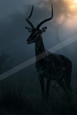 A large antelope with long spiraled horns stands alert in tall grass within a foggy landscape, illuminated by a warm sunrise glow in the background.