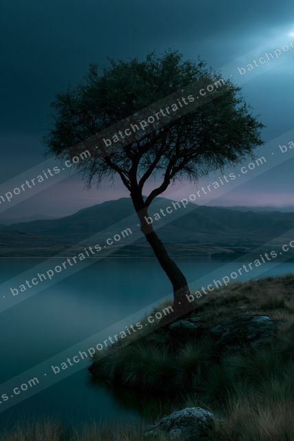 A lone tree stands silhouetted against a twilight sky, overlooking a calm lake with distant mountains in the background.