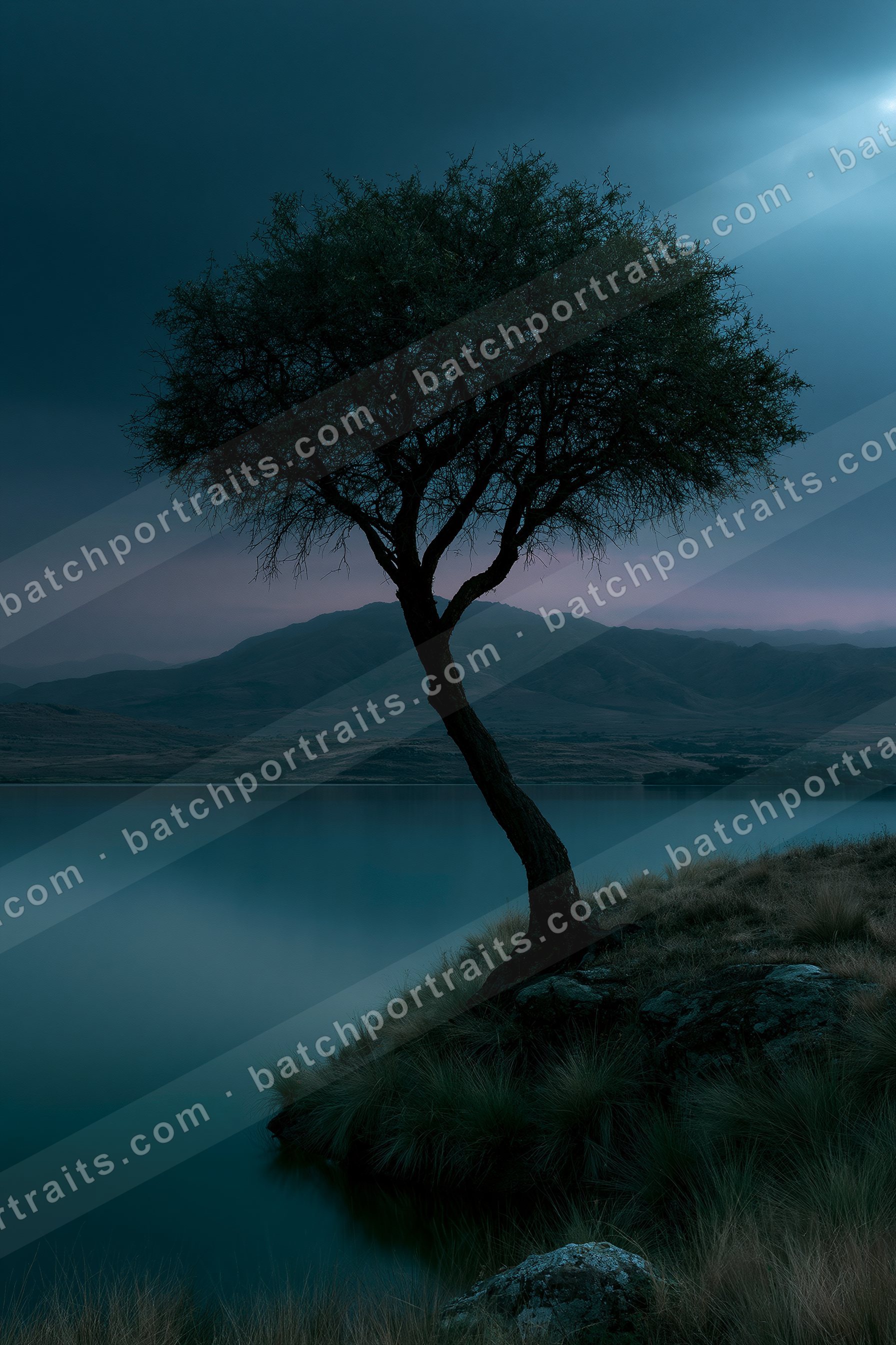 A lone tree stands silhouetted against a twilight sky, overlooking a calm lake with distant mountains in the background.