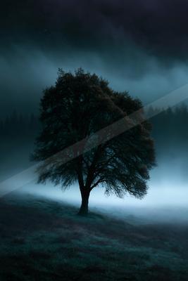 A mysterious high contrast nature scene of an oak tree, fog.