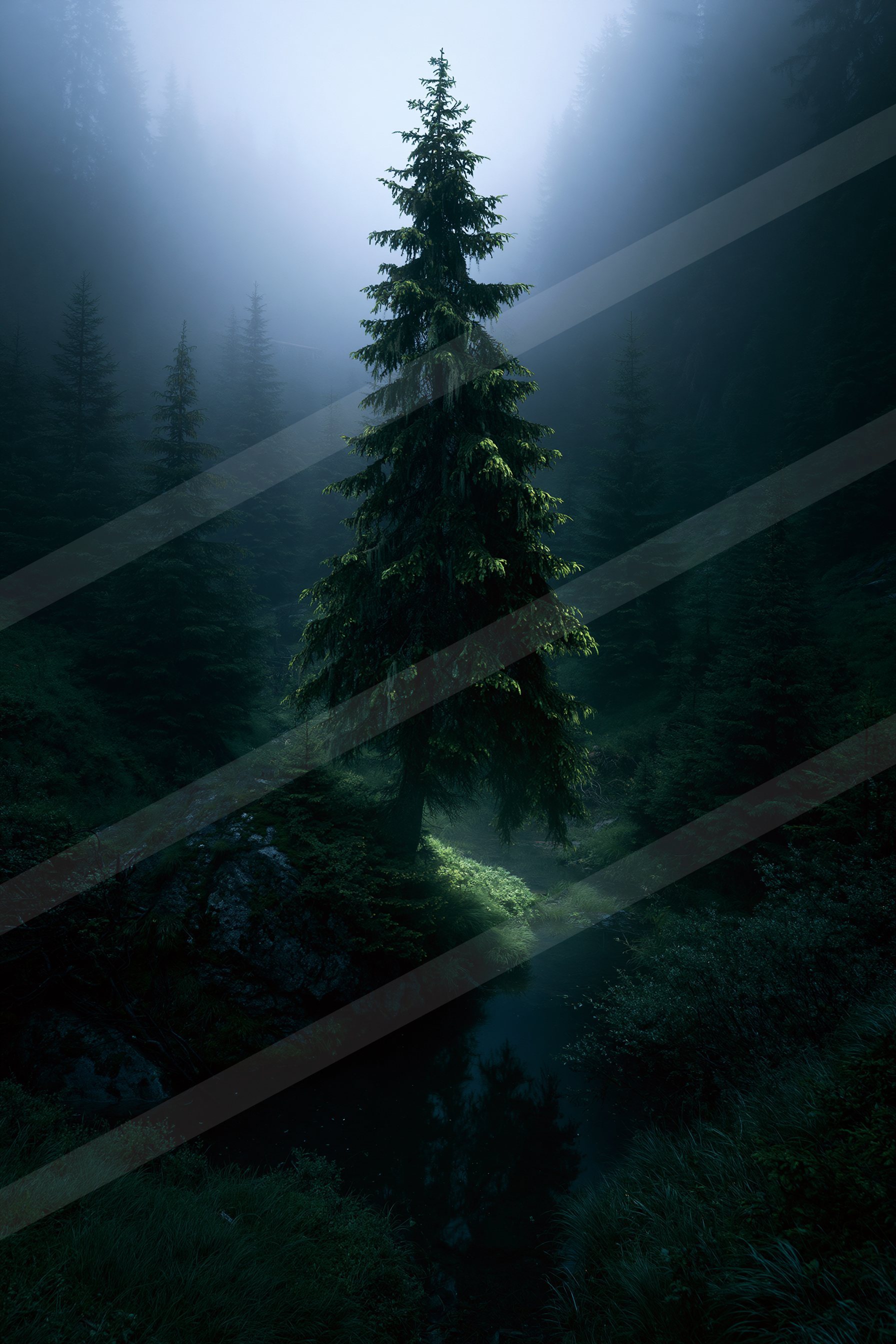 A mysterious high contrast nature scene of a pine tree, fog.
