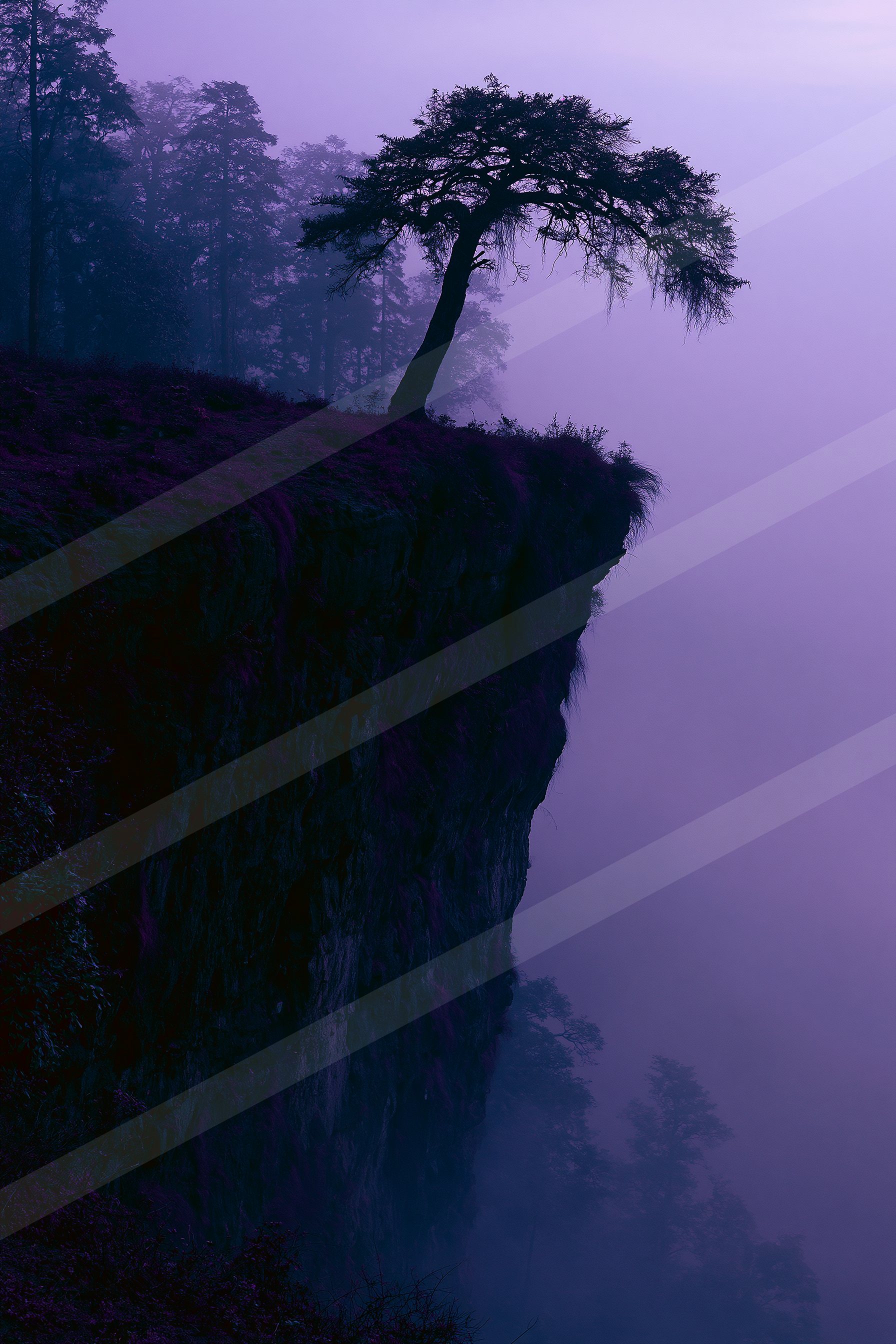 A mysterious negative space landscape of a cliff, fog.
