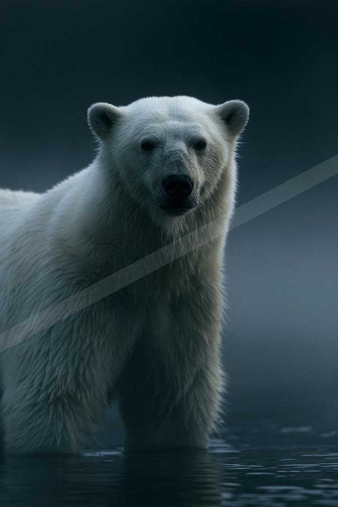 A large white polar bear stands in dark water, looking directly at the camera with a dramatic, moody expression against a dark background.
