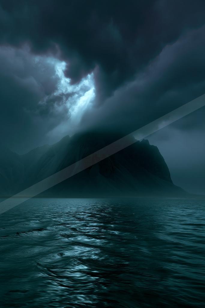 Moody cinematic scene of a dark rocky mountain partially shrouded in heavy storm clouds with dramatic crepuscular rays breaking through, above a choppy dark blu