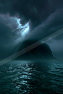 Moody cinematic scene of a dark rocky mountain partially shrouded in heavy storm clouds with dramatic crepuscular rays breaking through, above a choppy dark blu