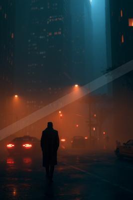 A night street scene of city street, city skyline.