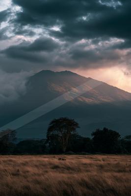 A dramatic landscape of field, mountains, storm.