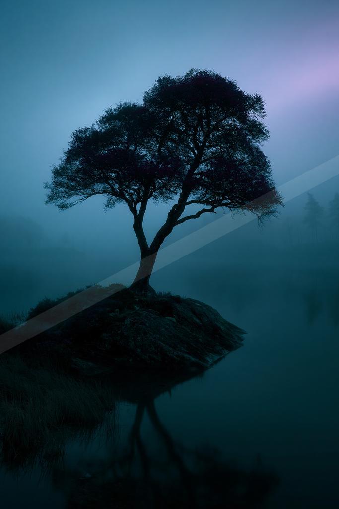 A blue hour nature scene of trees, storm, lake.