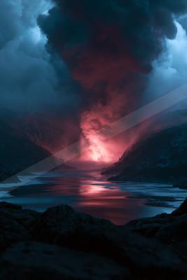 A moody landscape of mountains, clouds, storm.