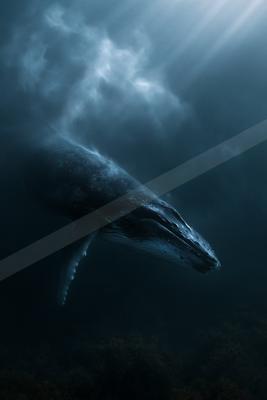 A large humpback whale glides through the deep blue ocean, illuminated by dramatic light rays from above, with a dark seabed visible below.