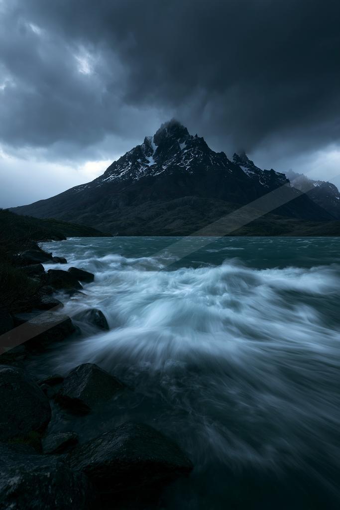 A turbulent turquoise lake with white-capped waves crashes against dark rocks in the foreground, with a jagged snow-dusted mountain peak rising under heavy stor