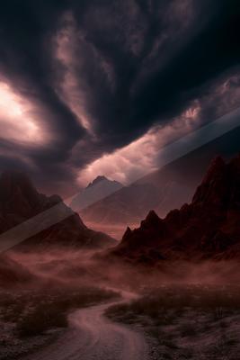 A moody landscape of mountains, clouds, storm.