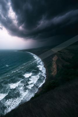 A dramatic sky scene of storm, ocean, beach.