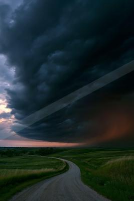 A dramatic sky scene of storm, road.