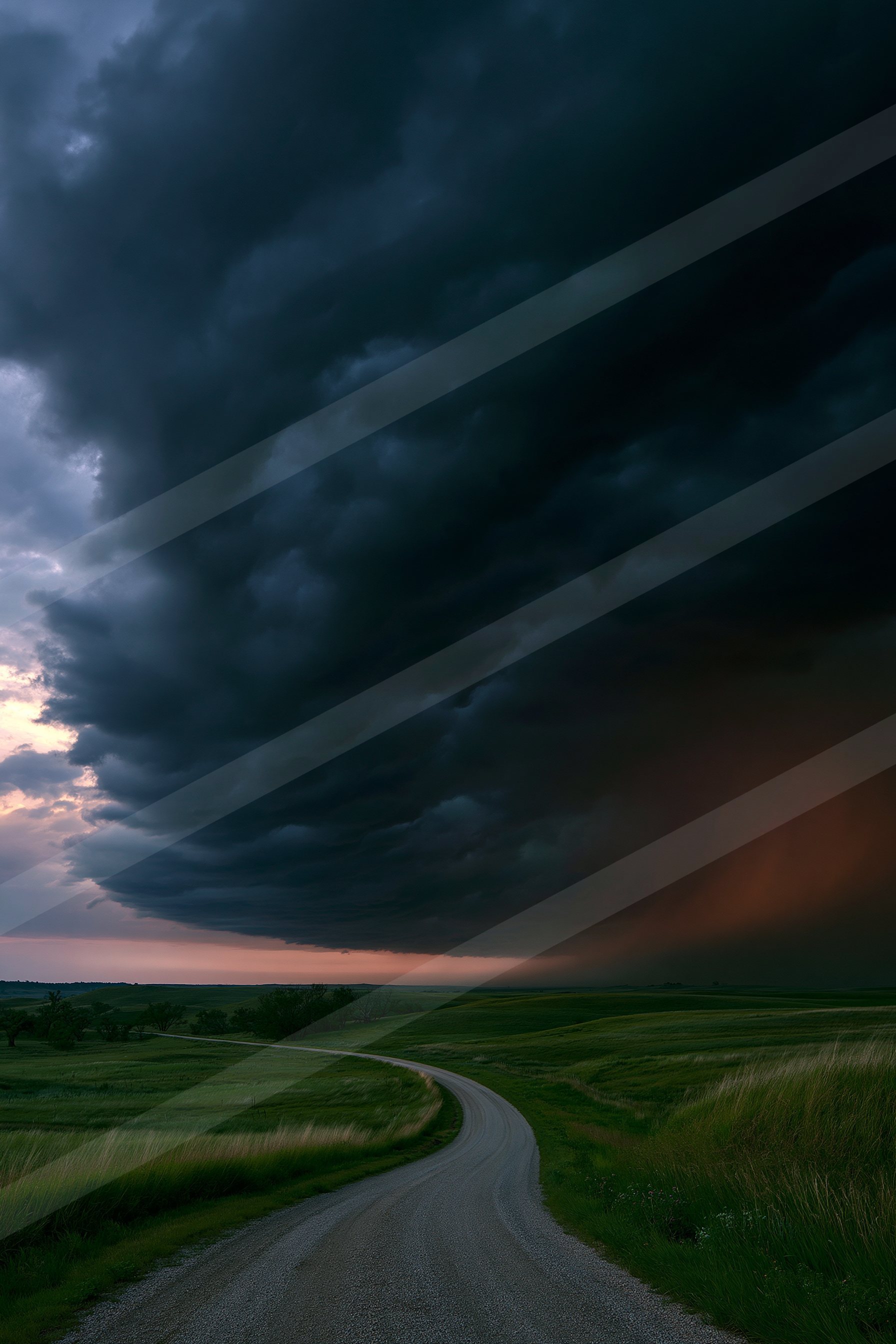 A dark and ominous storm cloud looms over a winding rural road at twilight, with vibrant hues of purple and orange in the sky.