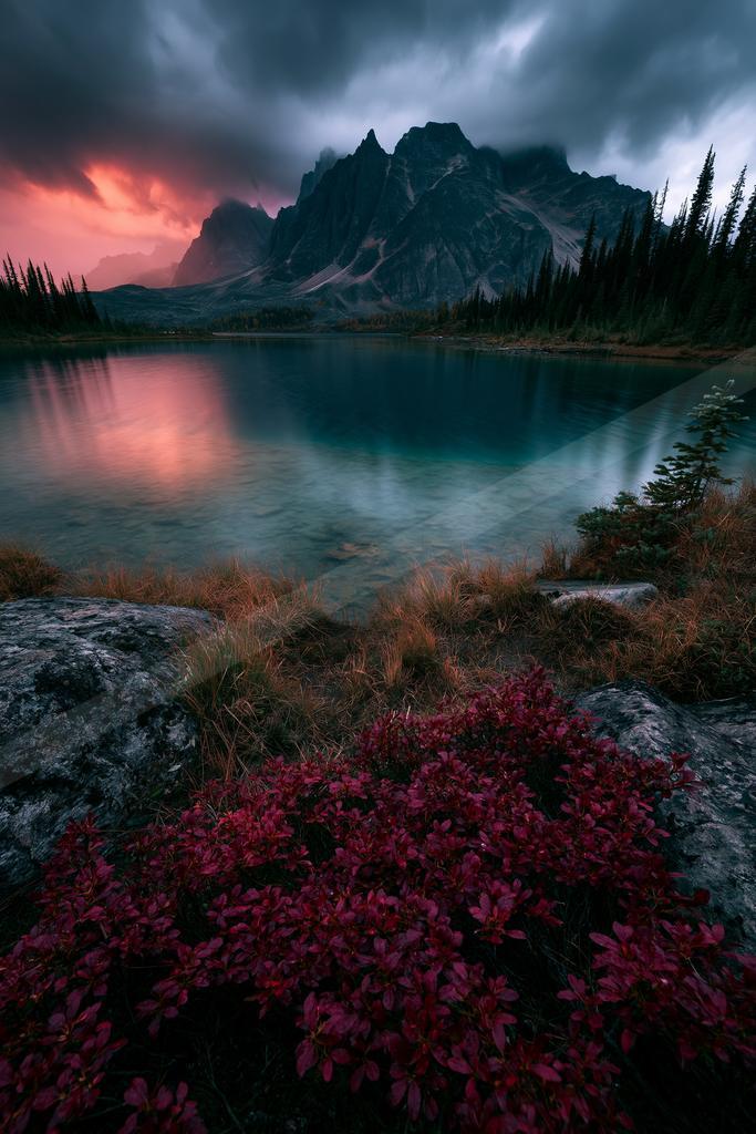 A serene landscape of mountains, lake, valley.