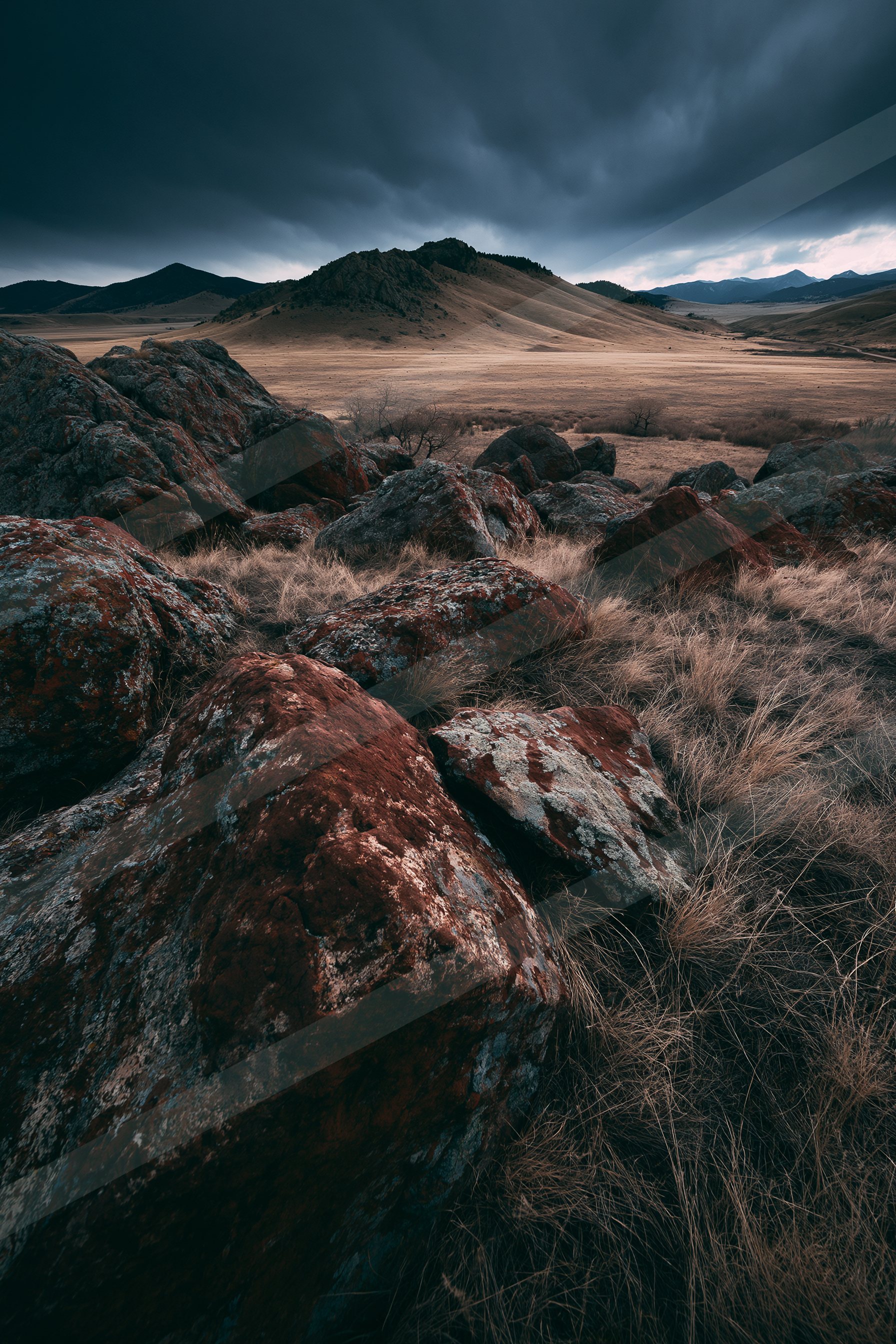 A moody long exposure landscape of a plateau, rocks.