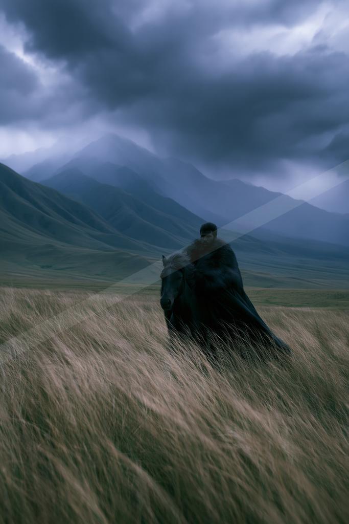 A man wearing a dark fur cloak rides a black horse through tall dry grass in a vast mountainous landscape under a stormy sky.
