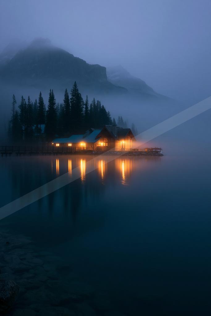 A night long exposure water scene of lake, fog.