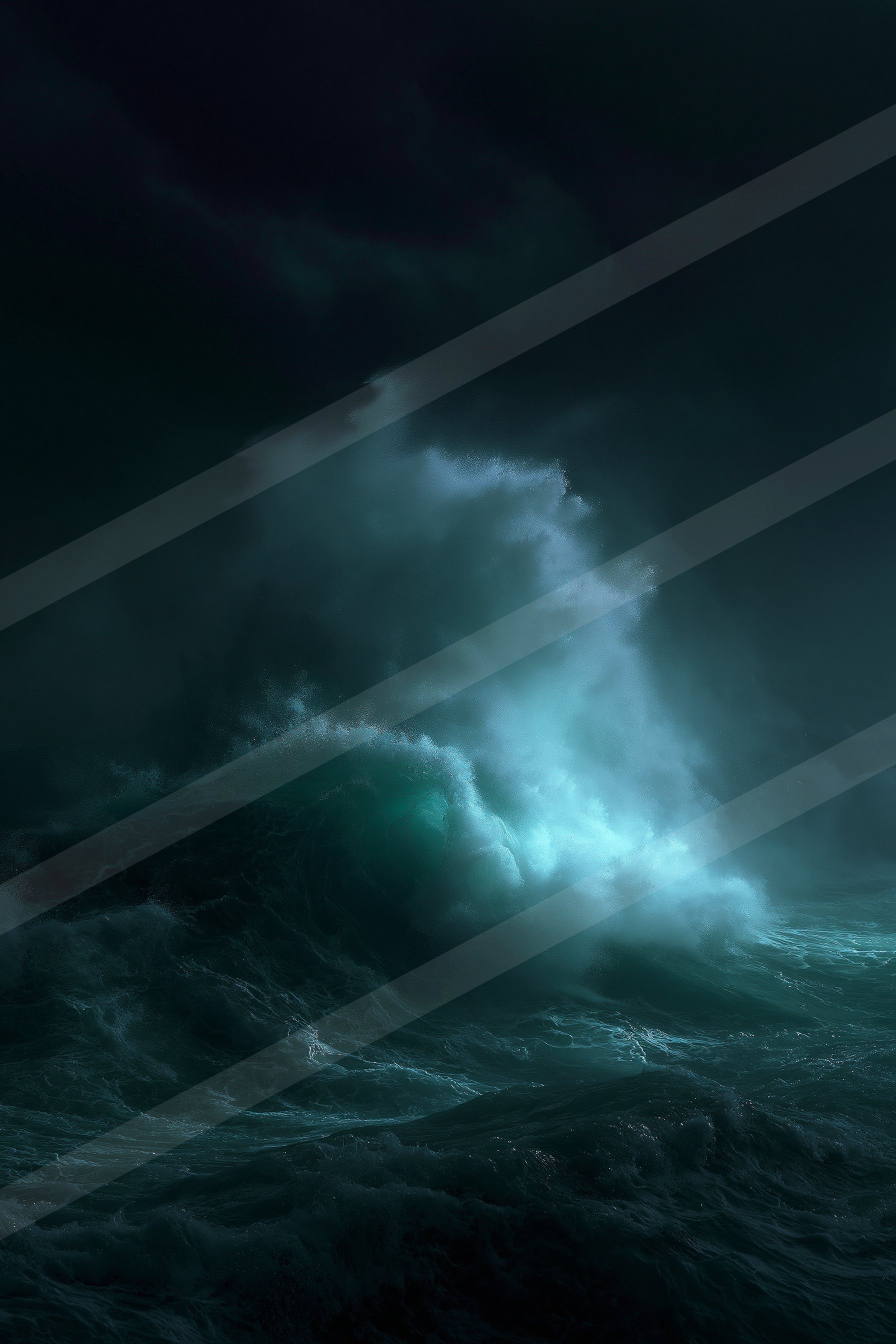 A powerful wave crashing in the dark ocean under a stormy sky.