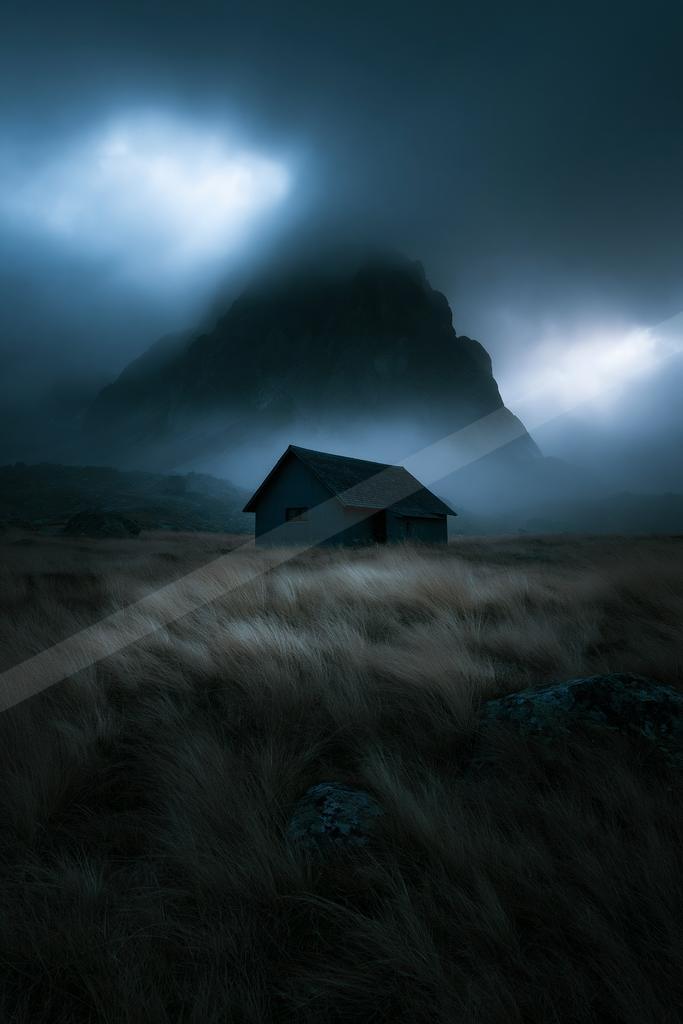 A solitary dark cabin stands in a field of tall dry grass with a large rocky mountain shrouded in thick fog and dramatic clouds in the background.