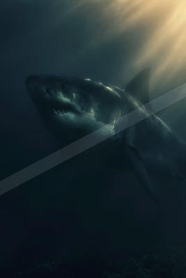 A great white shark glides through the deep ocean with sunlight streaming through the water.