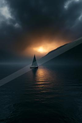 A serene water scene of ocean, lake, storm.