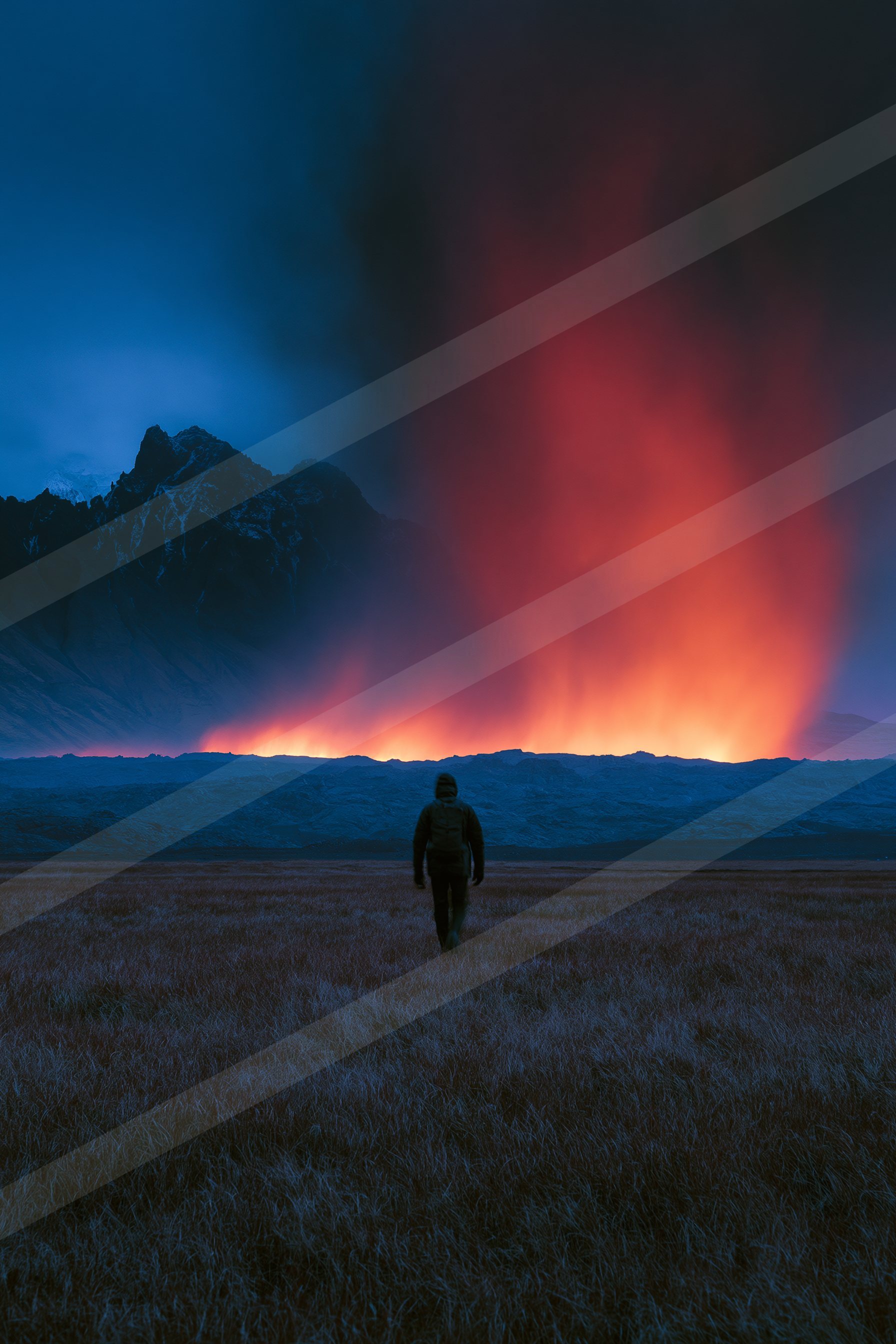 A dramatic landscape of a volcano, fire.