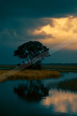 A black-toned moody photograph of lakeside, sandbar, boathouse.