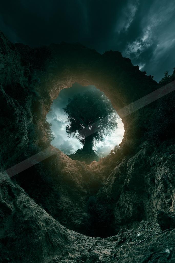 A night nature scene of trees.