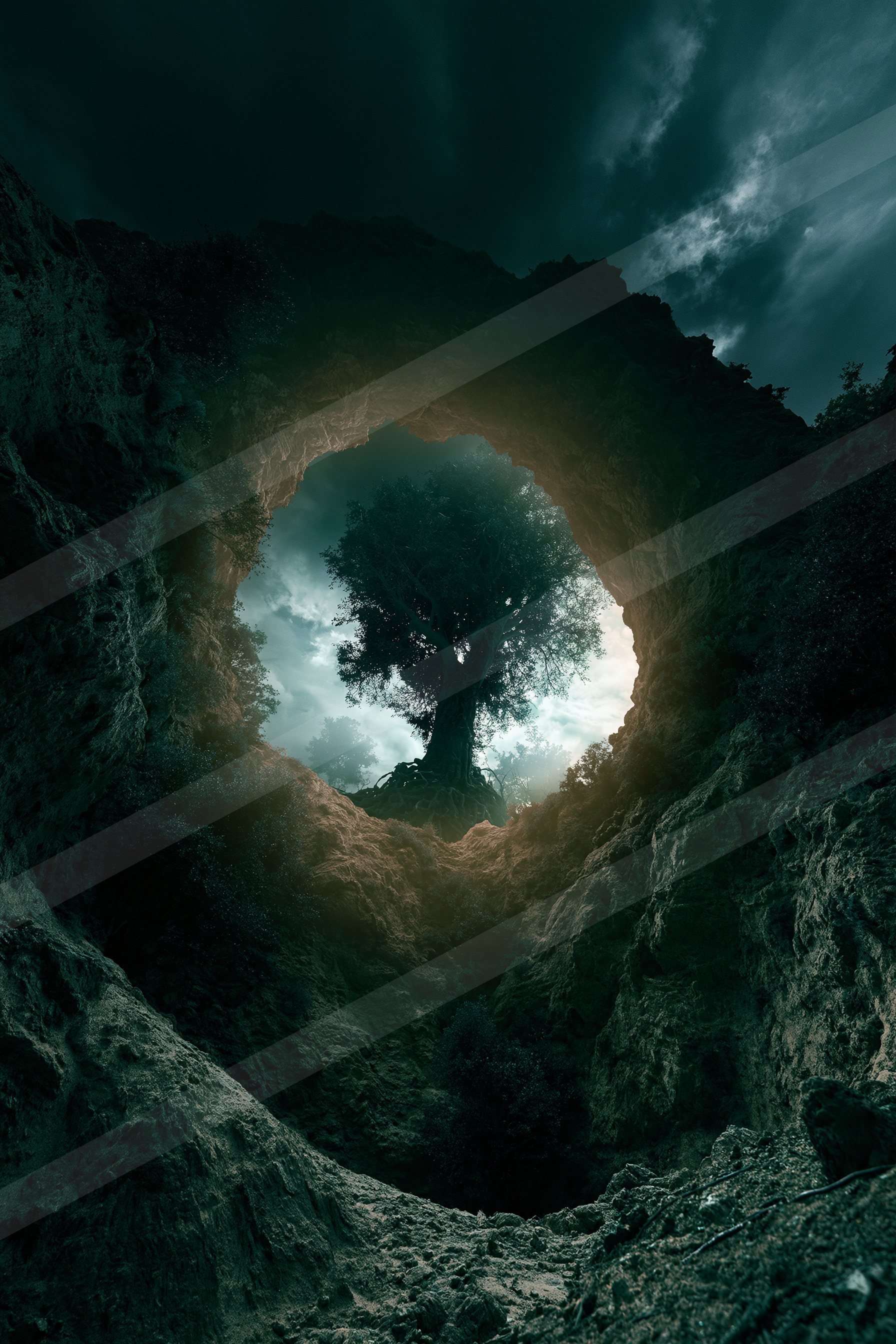 A mysterious negative space landscape of a cave, reflection.