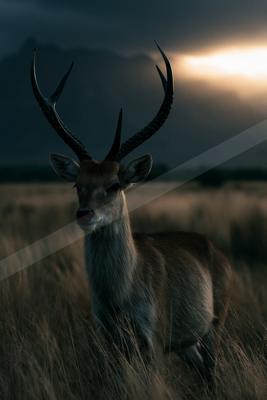 A male antelope with prominent curved horns stands alert in tall dry grass, looking toward the viewer under a moody, cloudy sky with a bright light source in th
