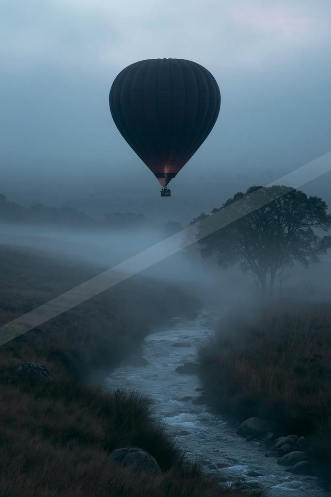 A dark hot air balloon with its burner lit floats above a foggy river winding through a grassy valley with trees in the background.