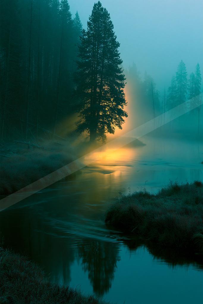 A blue hour water scene of lake, sunrise, trees.