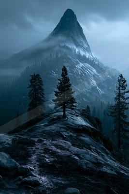 A dramatic landscape of mountains, fog.