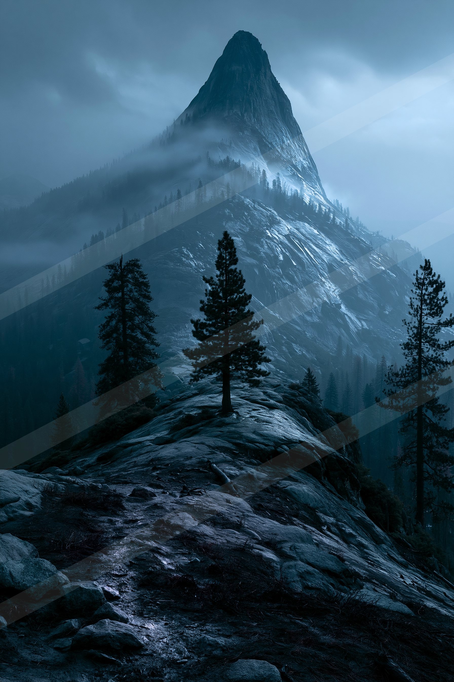 A mysterious high contrast landscape of a mountains, fog.