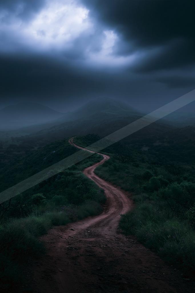 A moody landscape of mountains, valley, storm.