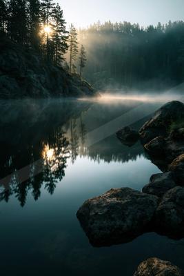 A serene water scene of lake, fog.
